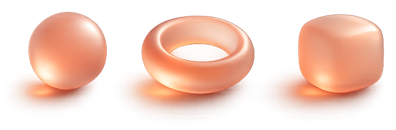 Sphere, ring, and cube in glossy coral glass